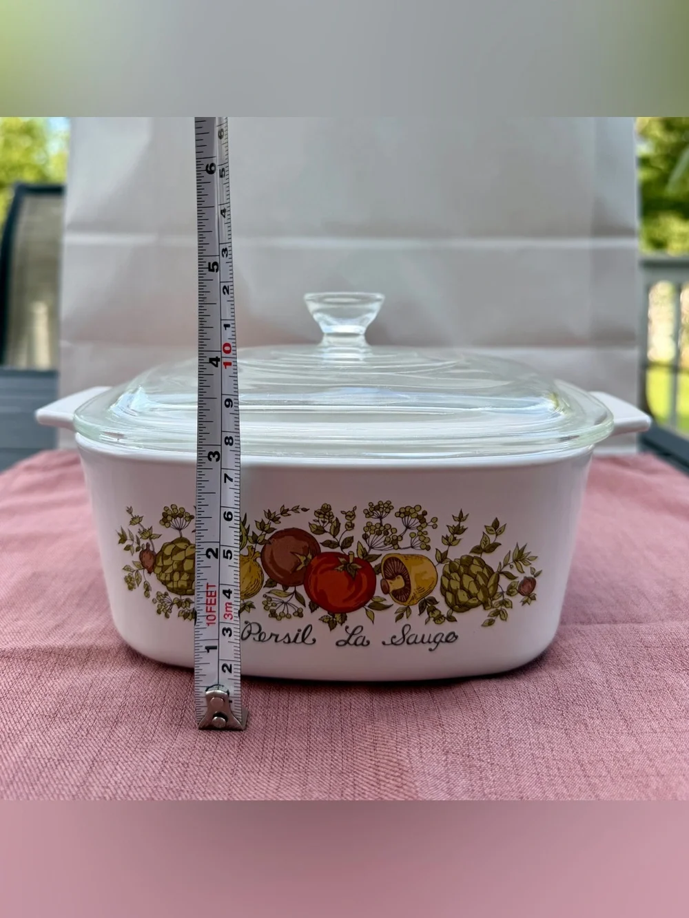 CorningWare White Casserole Dish with Red Tomato & Brown Herb Motif